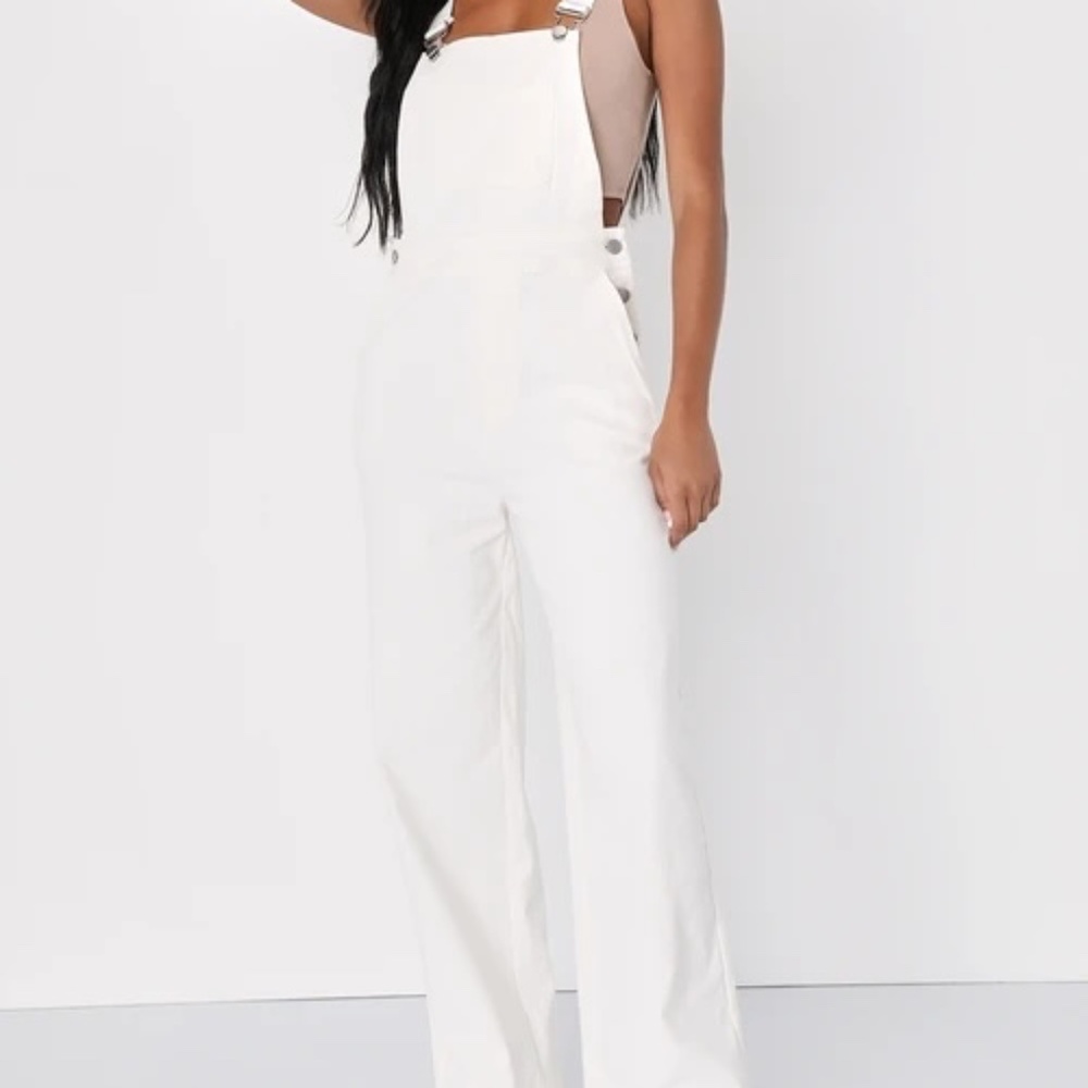 Lulu's Casually Crushing Ivory Twill Overall Jumpsuit